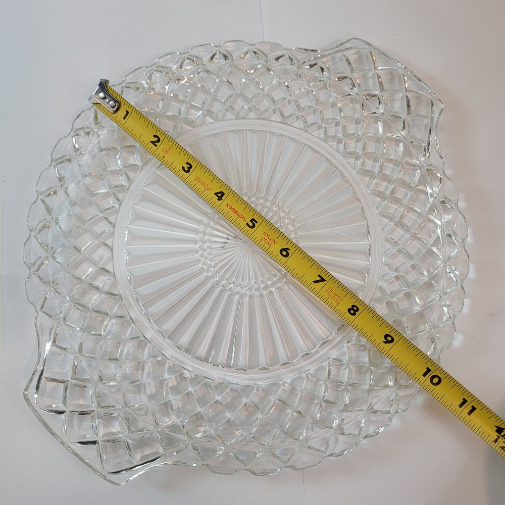 10in Glass Serving Platter Clear Sunburst Diamond Cut Thanksgiving Christmas